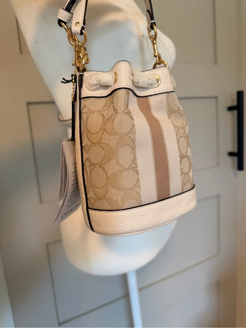 Coach Mini Dempsey Bucket Bag in Beige and White with Signature Logo